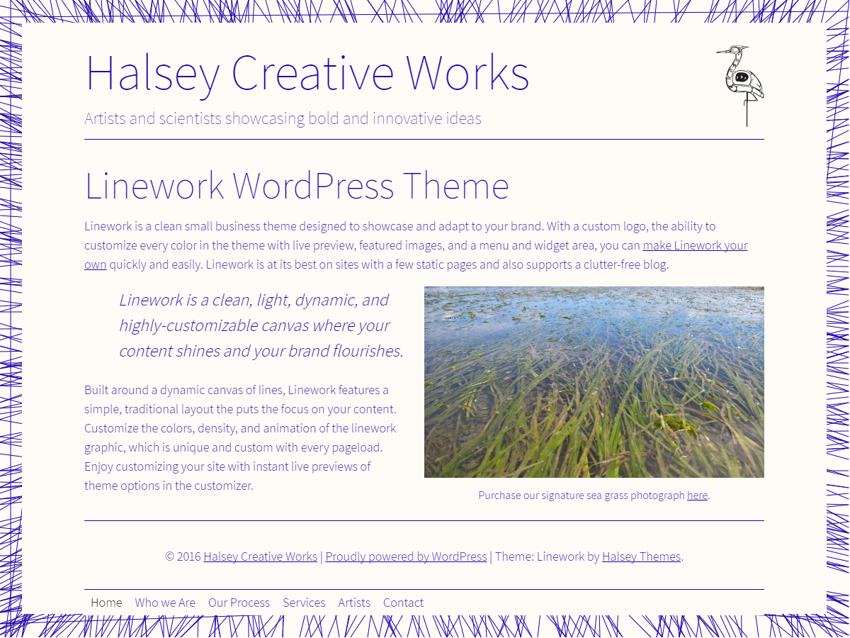 Linework WordPress theme screenshot showing light text and a web of thin lines as a page border.