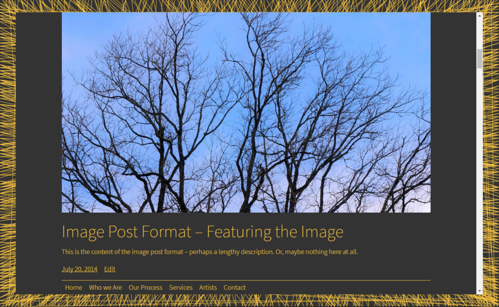 Linework theme screenshot showing a large photograph of  bare oak trees over a grey and yellow linework canvas.