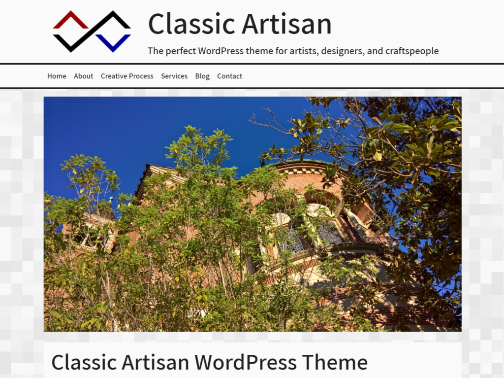 Classic Artisan theme screenshot showing a large photograph of trees and a brick building with stained-glass windows.