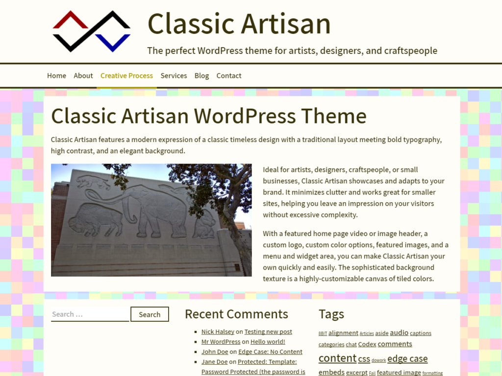 Classic Artisan theme screenshot showing text content along side a photograph of a concrete wall with prehistoric mammal carvings.