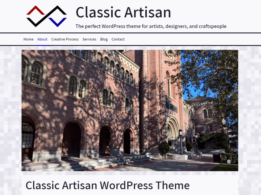 Classic Artisan theme screenshot showing a large photograph of USC's brick-clad Bovard Administration Building.