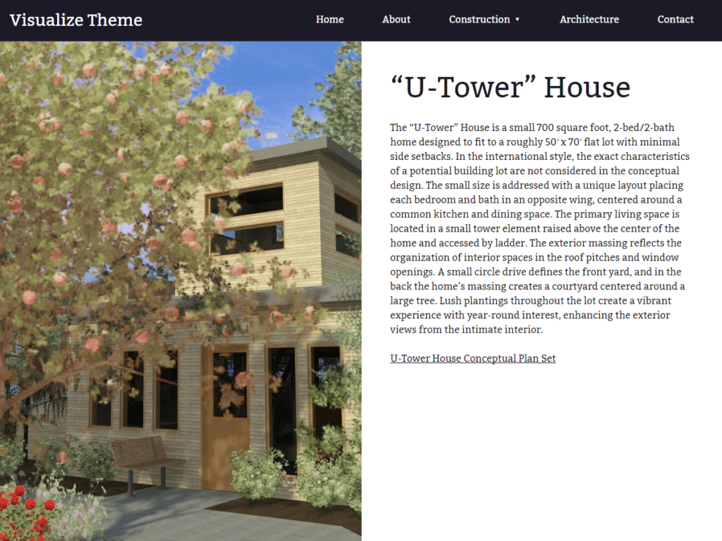 Visualize theme screenshot showing a narrative for a "U-Tower" House design alongside an architectural rendering.